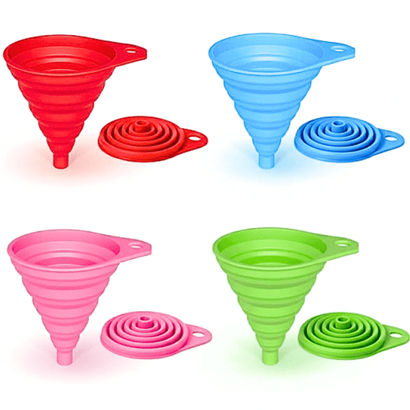 Gadgetime USA 4 Pack Collapsible Silicone Funnels – Compact, Space-Saving Kitchen Tools for Liquid Transfer, Food Prep & Multi-Purpose Use