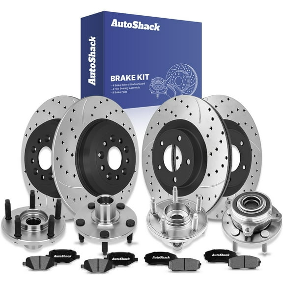 AutoShack Front Vented & Rear Solid Drilled & Slotted E-Coated Brake Rotors   Ceramic Pads   Hub Bearing Repair Kit 16-PC Brake Kit Replacement for 2011-2014 Ford Edge ShadowGuard