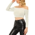 thumbnail image 4 of INSPIRE CHIC Women's Boat Neck Long Sleeve Off Shoulder Cropped Velvet Blouse L Beige, 4 of 6