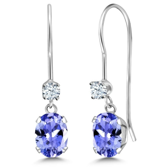 Gem Stone King 14K White Gold Blue Tanzanite French Wire Dangle Earrings for Women (1.00 Cttw, Gemstone December Birthstone, Oval 6X4MM and Round 2.5MM)