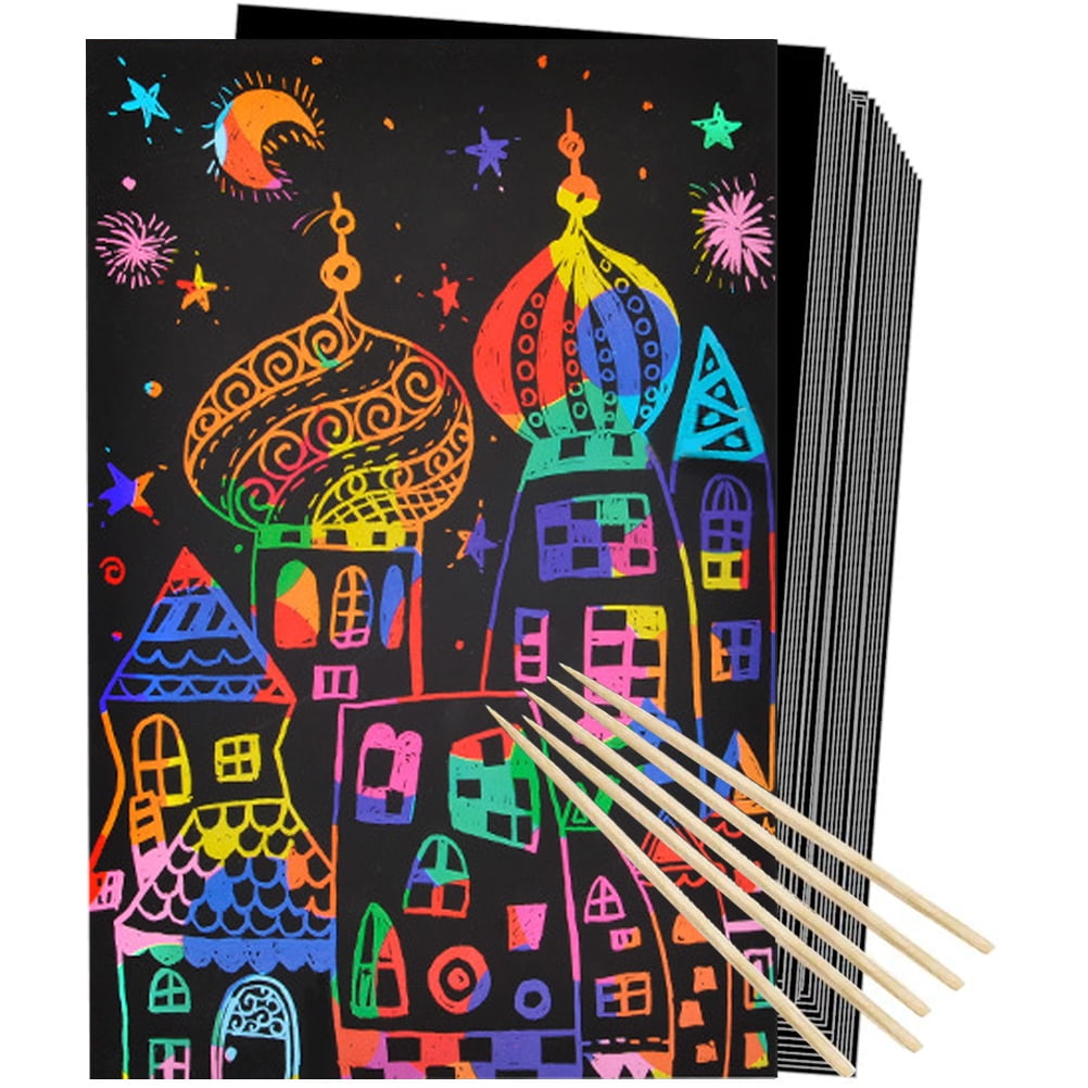 Mocoosy 60Pcs Scratch Art Paper for Kids, Rainbow Magic Scratch Off Paper  Art Craft Kit Black Scratch Sheets with 4 Stencils 5 Wooden Stylus for  Birthday Party Favors Game Activities Easter Gifts 