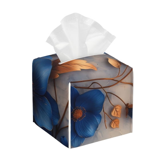 Kdxio Elegant Blue Gold Blooms Print Tissue Box Cover,Square Decorative PU Leather Facial Paper Case Organizer Holder Dispenser for Bathroom,Night Stands,Desk,Car 5.2''X5.2''X5.2''