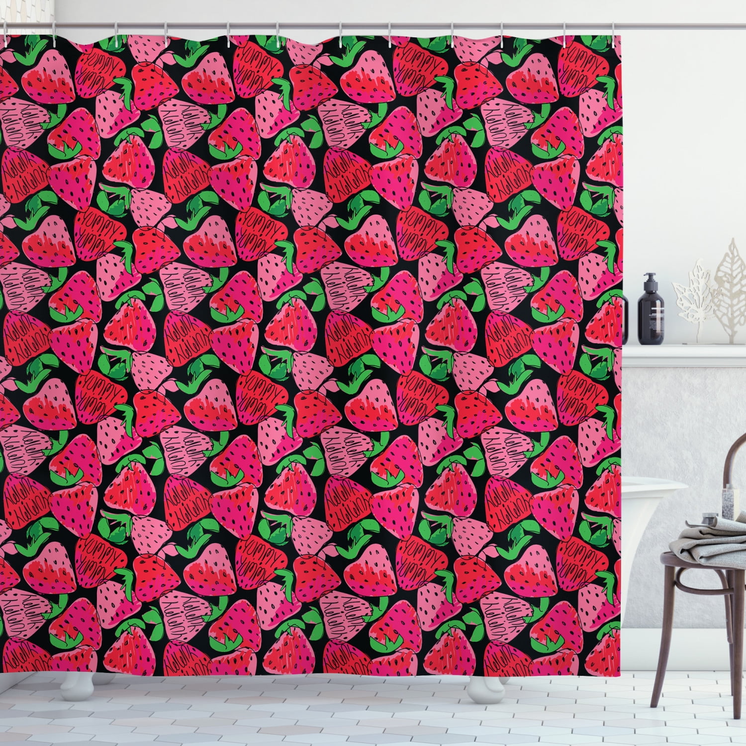 Food Strawberry and Milk Bath Shower Curtain Bathroom Waterproof Fabric & Hooks 