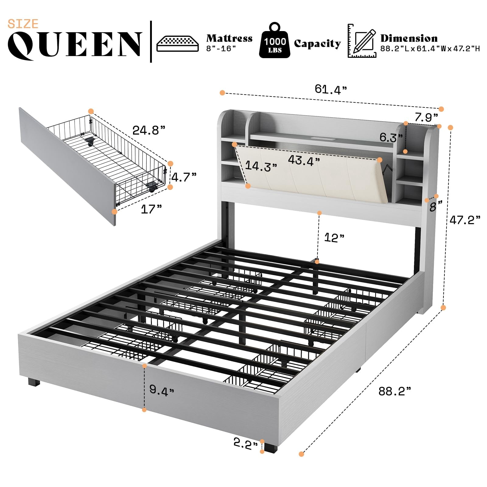 Amerlife Queen Size Bed Frame with Drawers,Upholstered Bookcase Headboard and Charging Station,Gray