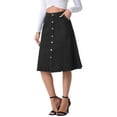 thumbnail image 4 of Falda de mezclilla para mujer INSPIRE CHIC con dobladillo sin terminar, botones, corte A, midi, talla XL, negra, 4 of 5