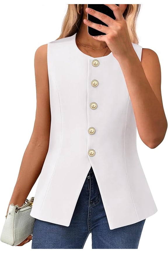 Summer Sleeveless Blazer Vest For Women Dressy Button Down Round Neck Business Casual Outfits Work Suit Vests Tops