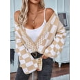 thumbnail image 6 of Womens Checkered Sweater Color Block Plaid Cardigan Oversized Long Sleeve Knit Open Front Coats Khaki M, 6 of 8