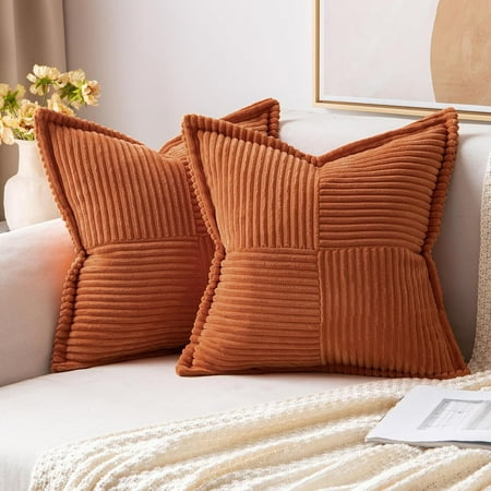 

MIULEE Rust Pillow Covers 16x16 Inch with Splicing Set of 2 Super Soft Boho Striped Corduroy Pillow Covers Broadside Decorative Textured Throw Pillows for Spring Couch Cushion Livingroom
