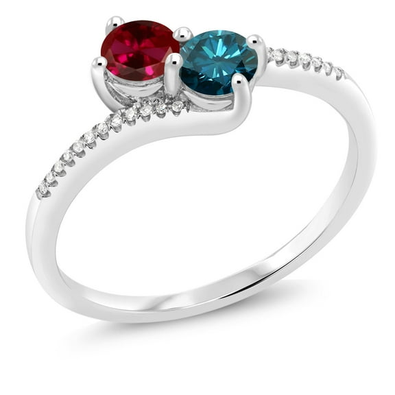 Gem Stone King 10K White Gold Forever United Two Stone Red Created Ruby and Blue and White Diamond Engagement Ring for Women (0.69 Cttw, Round) (Size 5)
