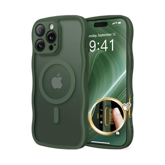 Eryueer for iPhone 16 Pro Case for Women Girls, Upgraded [Full Camera Protection] [Compatible with MagSafe] Cute Wave Translucent Matte Phone Case for iPhone 16 Pro, Deep Green