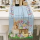 thumbnail image 1 of Blue Camino de mesa Happy Easter de 13.0 x 70.1 in, diseño de conejitos, gnomos, huevos de Pascua, decoración de mantel, 1 of 5