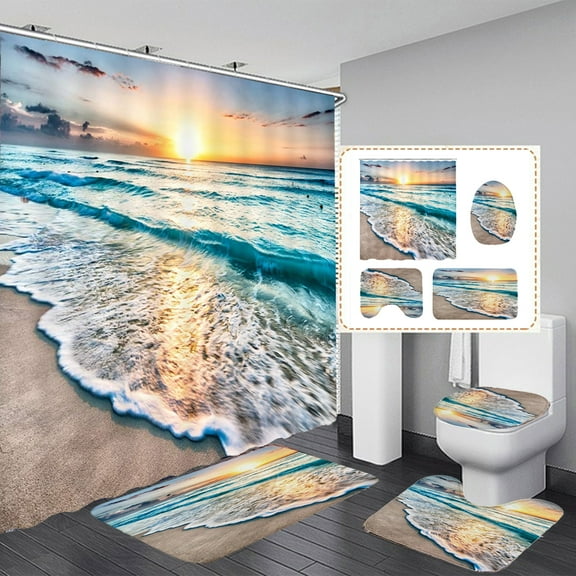 BSHAPPLUS Shower Curtain Set Sunset Beach Bathroom Sets with Shower Curtain and Rugs Waterproof Shower Curtain 12 Hooks for Bathroom 70.9 x 70.9 inches