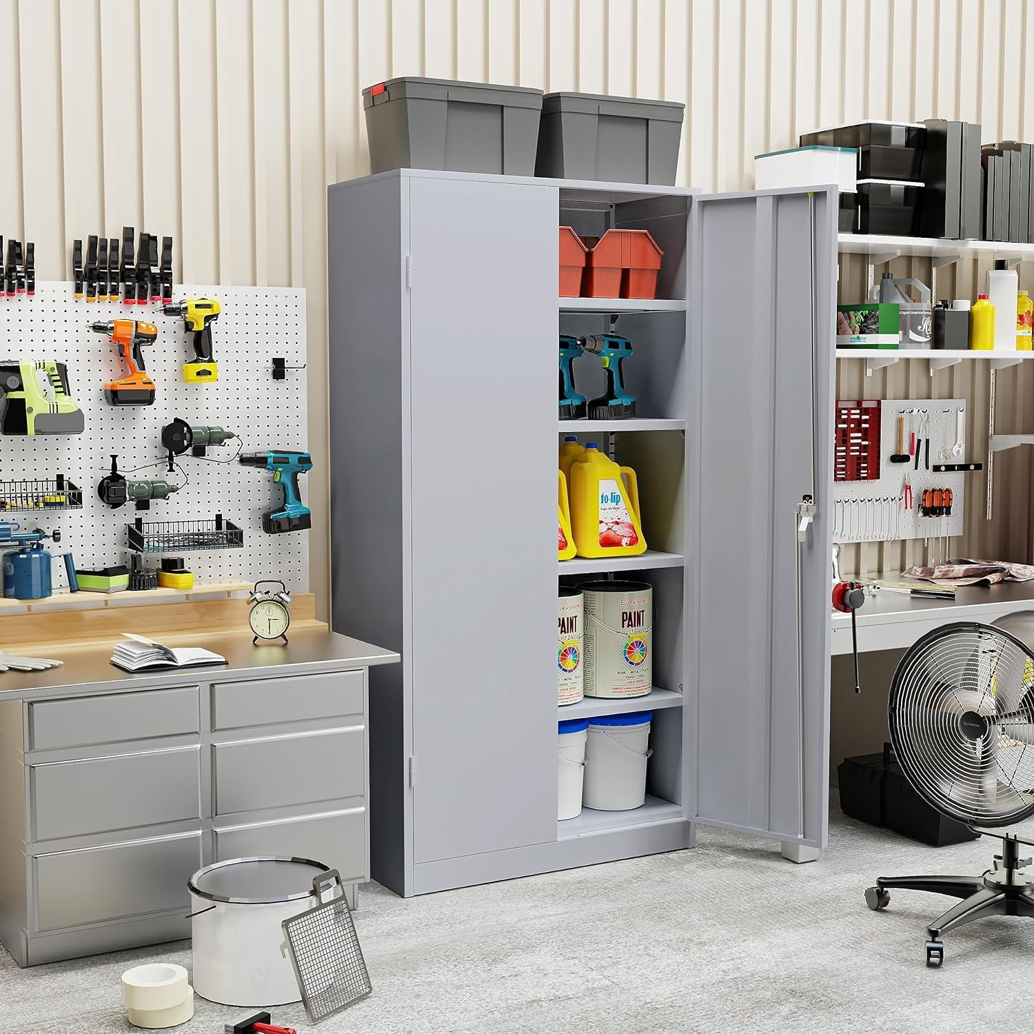 SOLAURA Metal Storage Garage Cabinets with Locking Doors and Adjustable Shelves, 72 inch Tall Steel Storage Cabinet for Office, Home (Cement Grey)