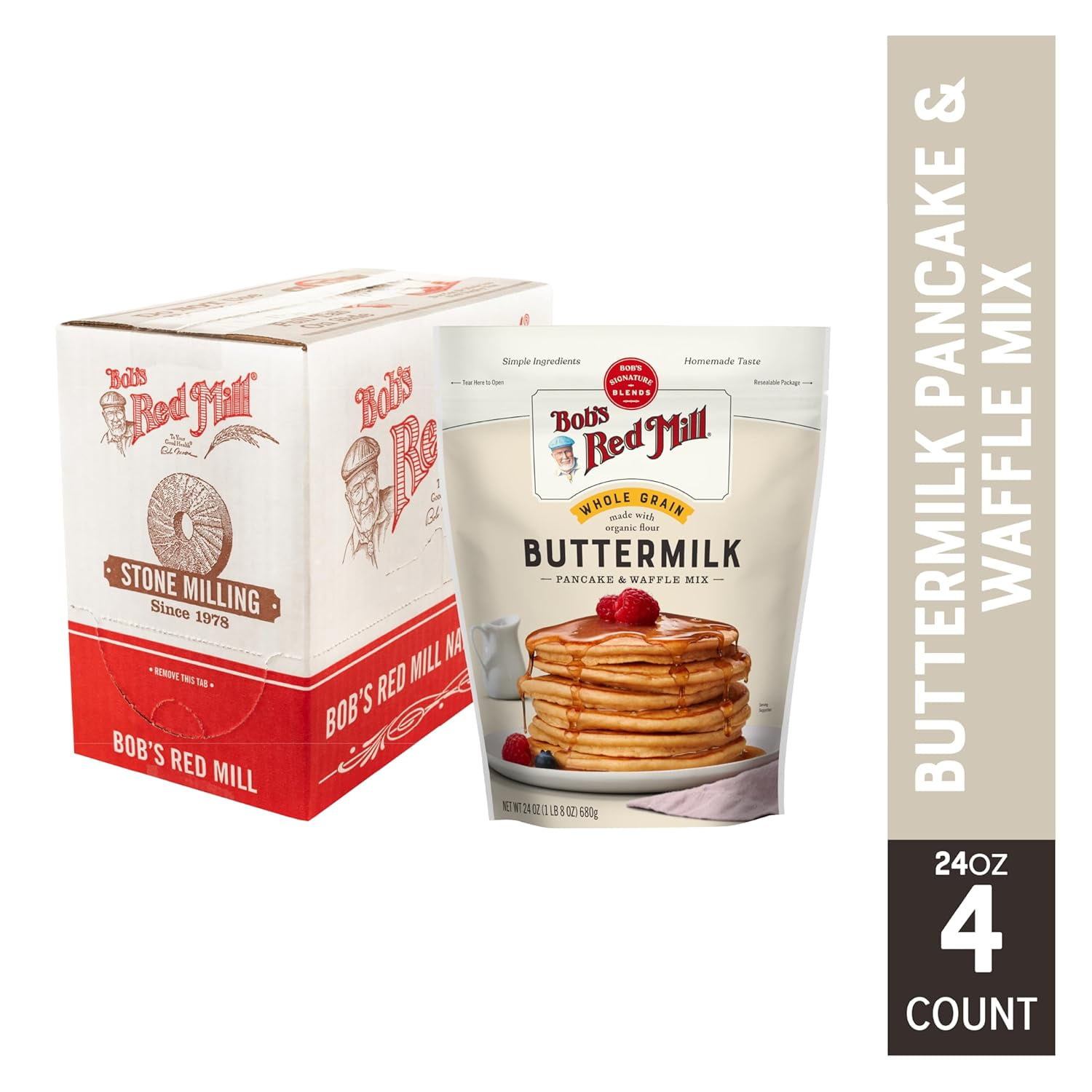 Bob's Red Mill, Buttermilk Pancake & Waffle Mix, Whole Grain, 24 oz Pack of 4