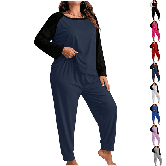 Pajama Sets Hzzrkos Women's Plus-Size Color-Block Long-Sleeve Pants Casual Loungewear/Pajama Set Navy XL