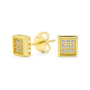 Geometric Square Cubic Zirconia Micro Pave CZ Stud Earrings for Men for Women 14K Gold Plated 925 Sterling Silver 5MM