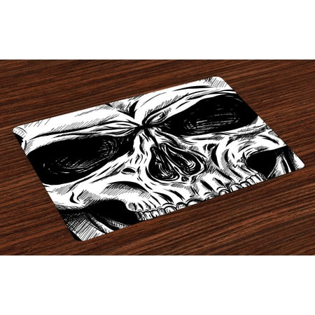 - Halloween Placemats Set of 4 Gothic Dead Skull Face Close Up Sketch Evil Anatomy Skeleton Artsy Illustration, Washable Fabric Place Mats for Dining Room Kitchen Table Decor,Black White, by Ambesonne