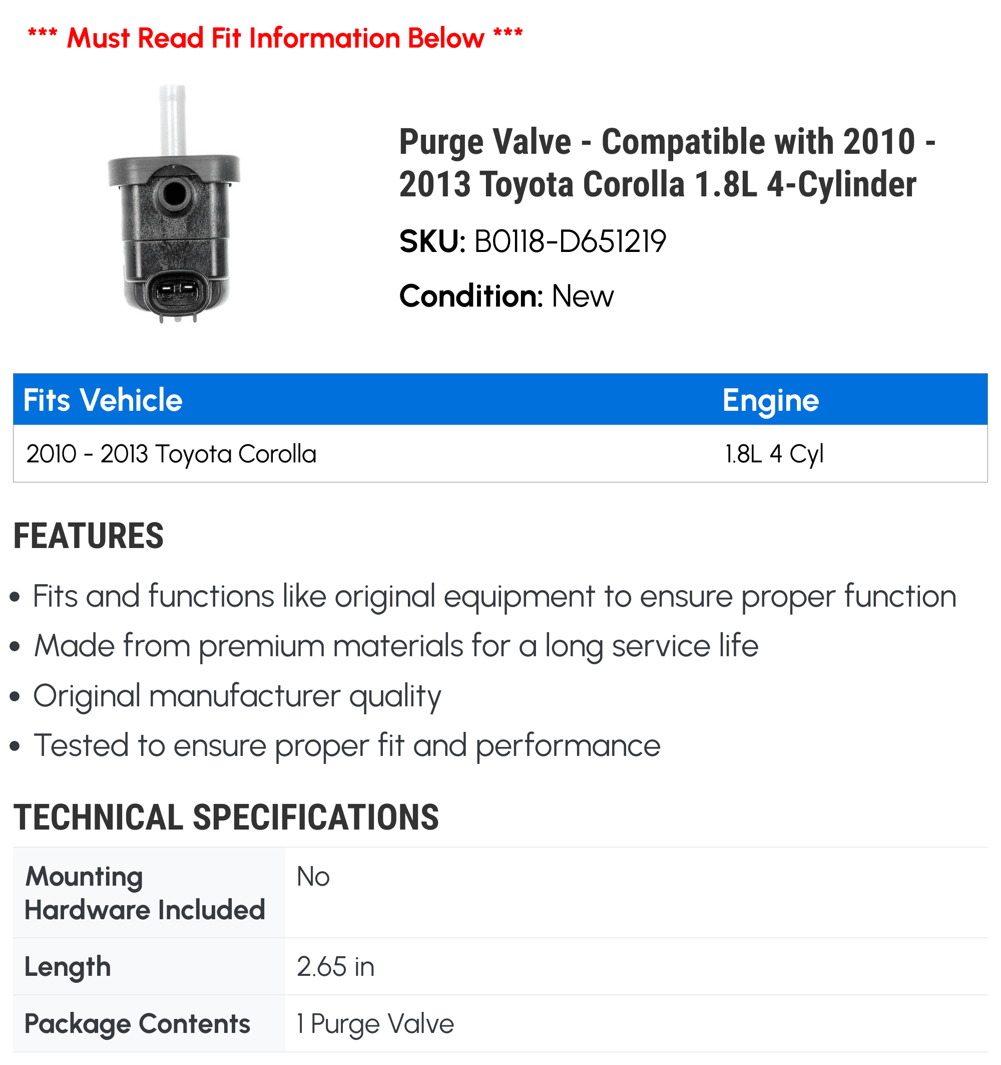 Purge Valve - Compatible with 2010 - 2013 Toyota Corolla 1.8L 4-Cylinder 2011 2012