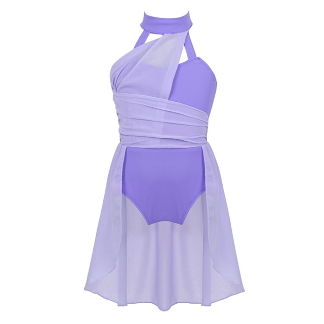 Miaeowve Robe Tutu de Ballet à Sequins Brillants pour Filles, Robe de Danse Lyrique, Col Montant, Costume de Danse Régulier A&Lavande 10