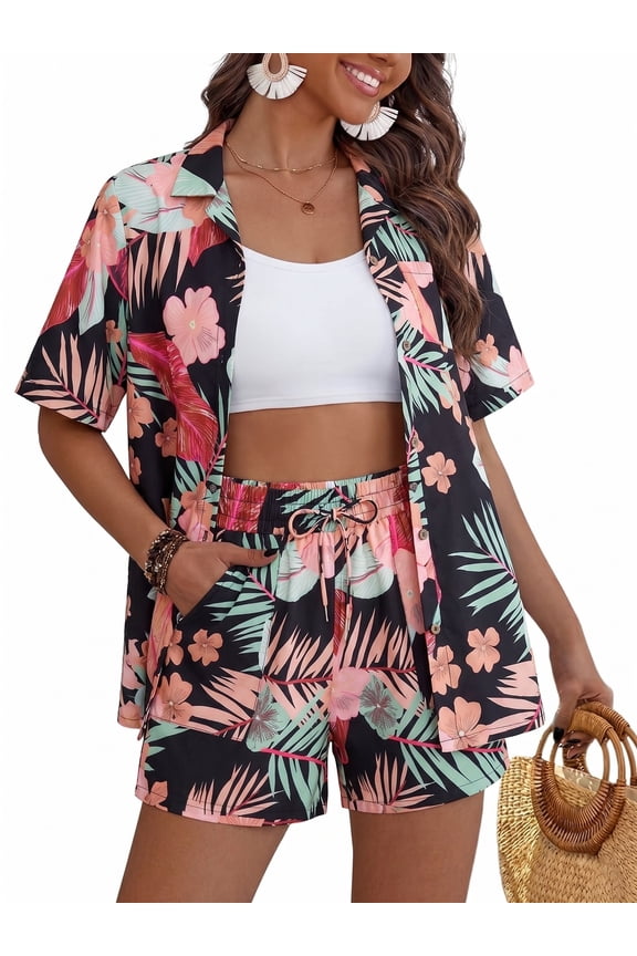 2 Piece Outfits for Women Hawaiian Tropical Print Button Down Shirt and Shorts Summer Beach Vacation Sets Resort Wear