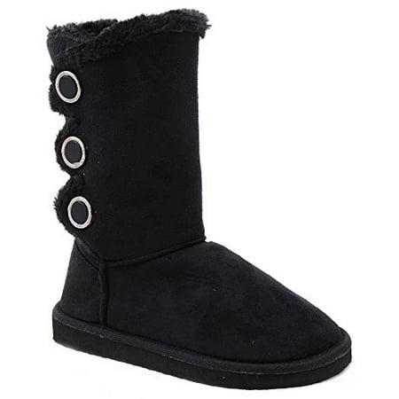 Furry Button Flat Black Tan or Brown Vegan Suede Women's Warm Slipper Boots