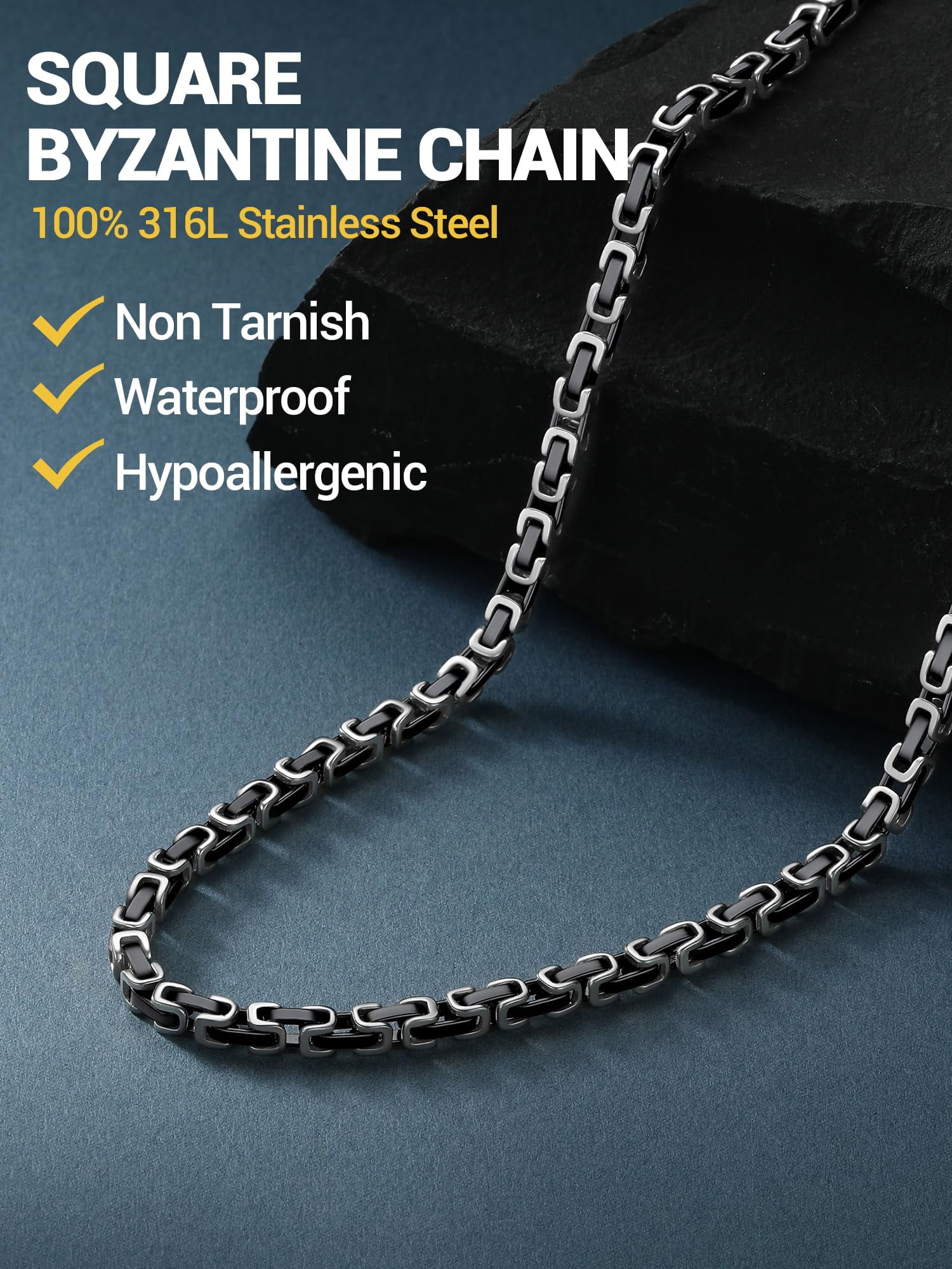 PROSTEEL 4MM Stainless Steel Necklace Silver Black Byzantine Link Chain for Men Women 22 Inch Jewelry Gift for Boyfriend Husband Birthday Christmas