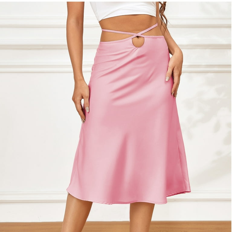 OAVQHLG3B Womens Sexy Midi Skirt Hollow Out Solid Color High Waist