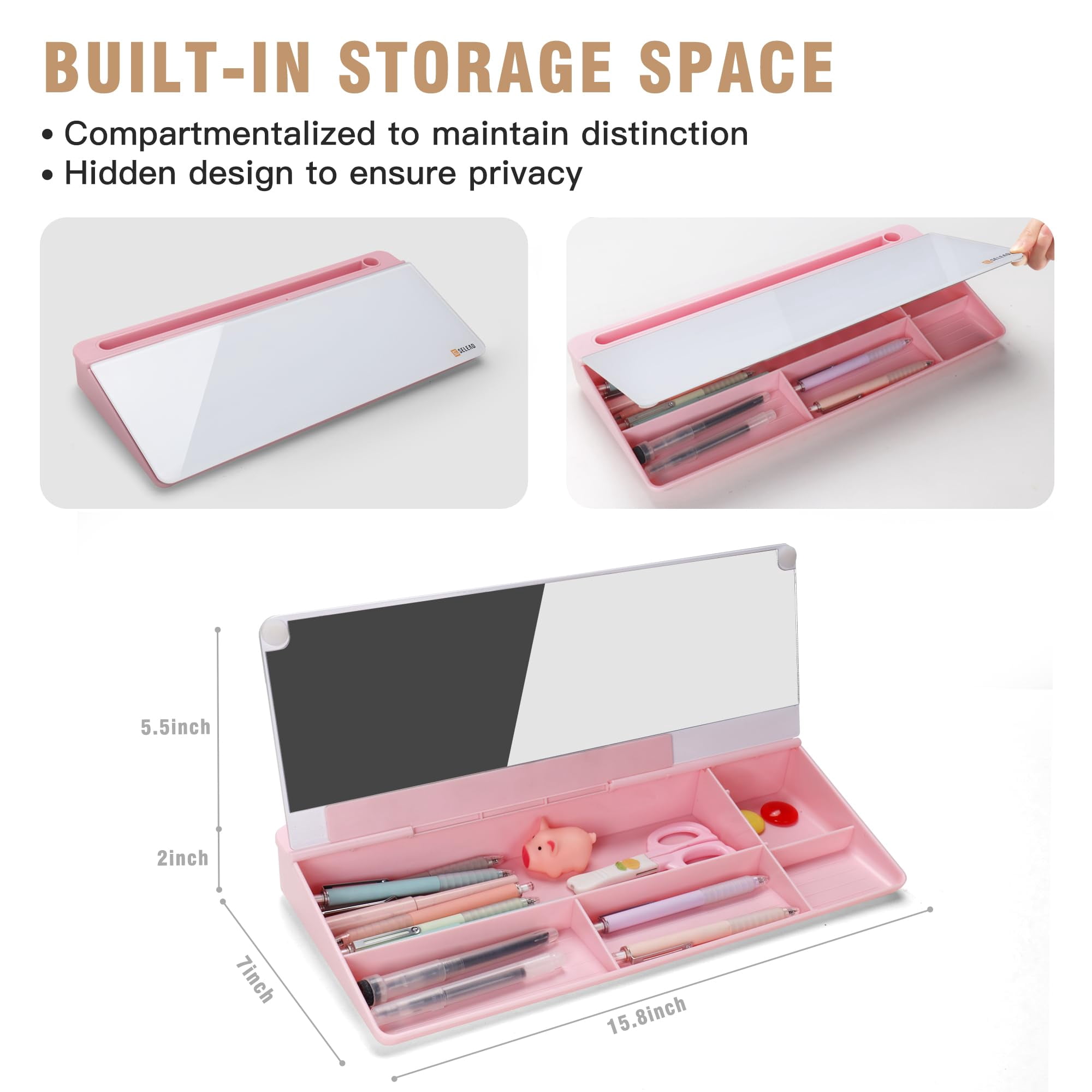Desktop Glass Whiteboard With Organizer & Built-in Mirror - Small Dry Erase White Board Computer Pad Stand Markers  Eraser Holder For Women Pink