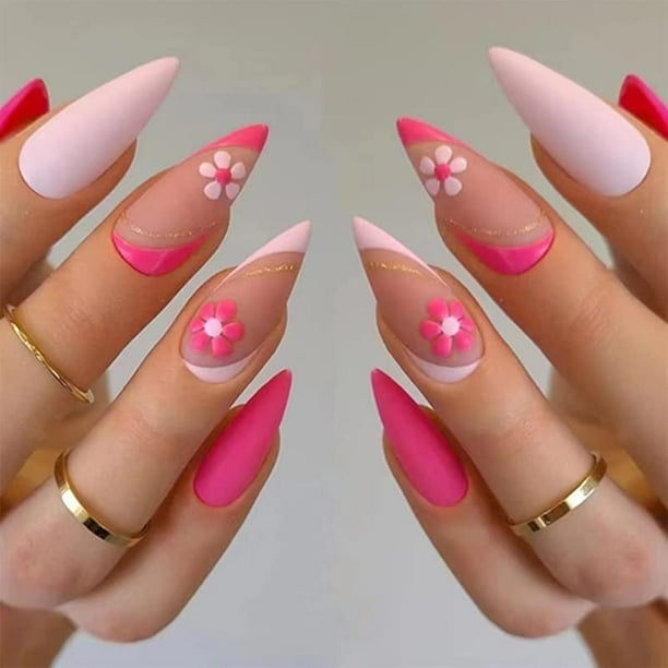 24 Pcs Almond Pointed Shape Press on Nails,Medium Length with Dark Light Pink Flowers French Designs Fake False Nails with Glue,Ballet Nail Art for Women and Girl Stick on Nails 24 Pcs Almond Pointed Shape Press on Nails,Medium Length with Dark Light Pink Flowers French Designs Fake False Nails with Glue,Ballet Nail Art for Women and Girl Stick on Nails