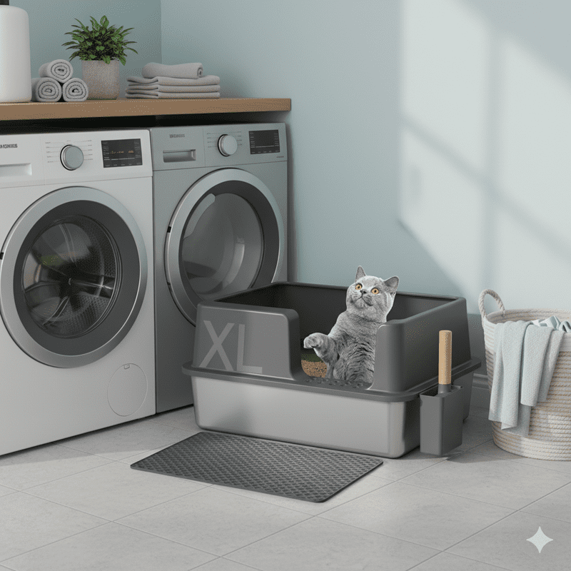 Gimars XL Stainless Steel Cat Litter Box 60 x 40 x 31cm, 36L High Sided Metal Litter Tray with Scoop and Mat