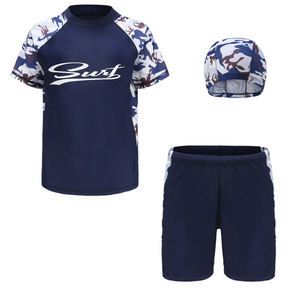 YONGHS Kids Boys Rash Guard 3-Piece Tankini Set Short Sleeve Swim Shirt with Trunks Hat Swimsuit Camouflage Blue 6-7