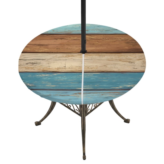 Round Outdoor Tablecloth with Umbrella Hole and Zipper, Farmhouse Light Blue Brown Tablecloth with Elastic Waterproof, Vintage Wooden Striped Patio Table Covers for 55" - 60" Picnic Pool Tables