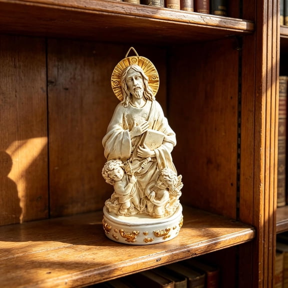 Jesus Christ Figurine with Cherubs, Resin White Gold 6.69in for Home Decor