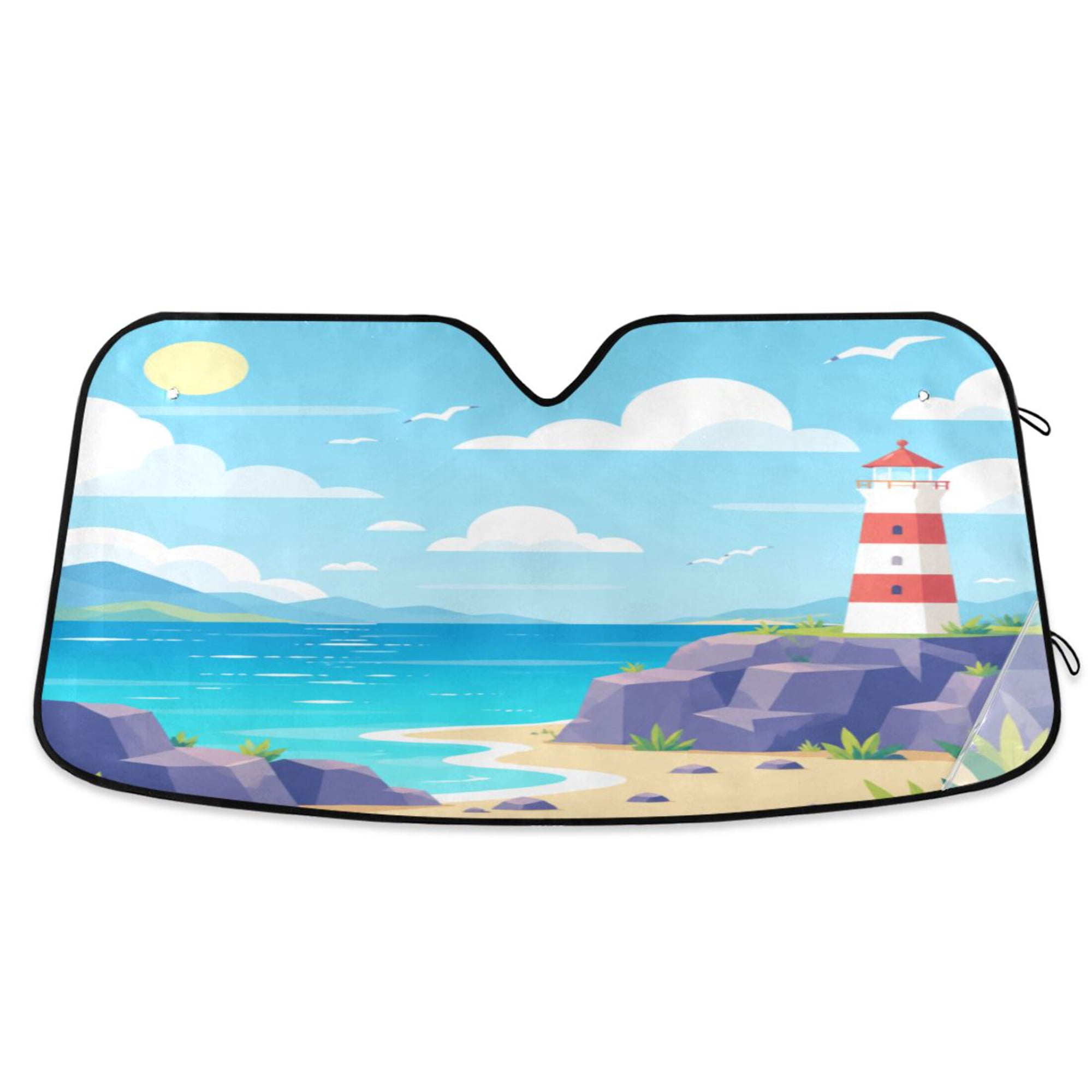 Foldable Car Windshield Sunshade UV Sun Visor Protector Blocks UV Rays Keeps Vehicle Cool 57x31.5 Inch Summer Beach Lighthouse Landscape