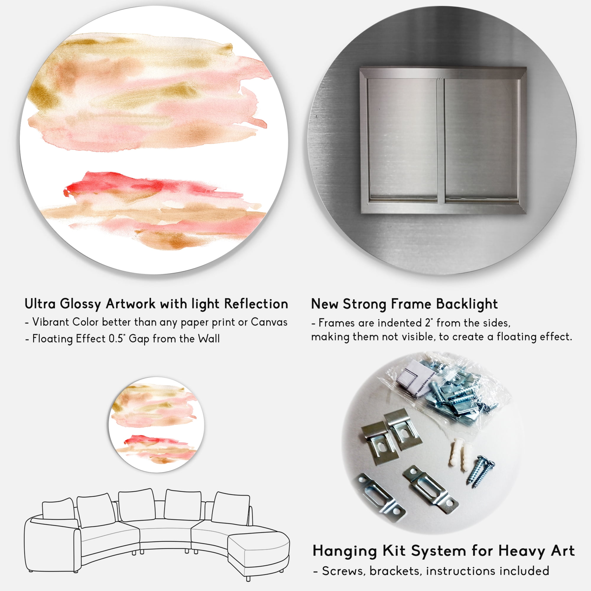 Designart 'Abstract Clouds Set With Pink Gold Beige and Red' Modern Circle Metal Wall Art 23x23 - Disc of 23