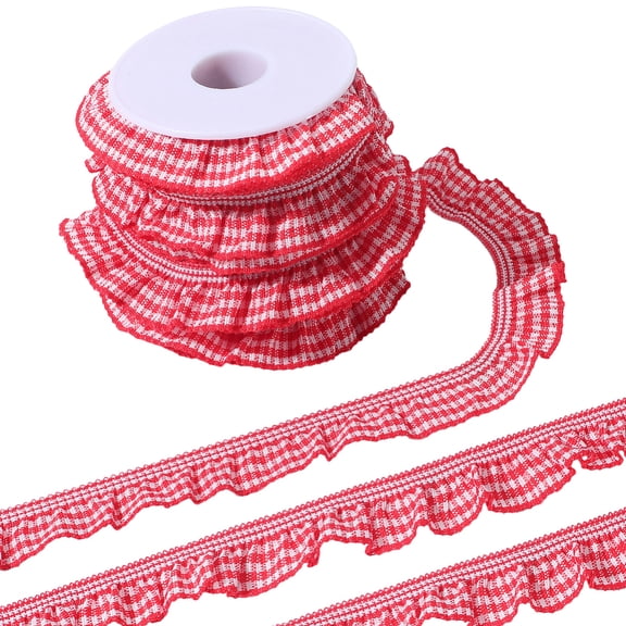 10 Yards 3/4 Inch Red White Gingham Trim Pleated Ruffle Edge Lace Trimming Ruffled Gathered Tartan Elastic Fabric Satin Ribbon