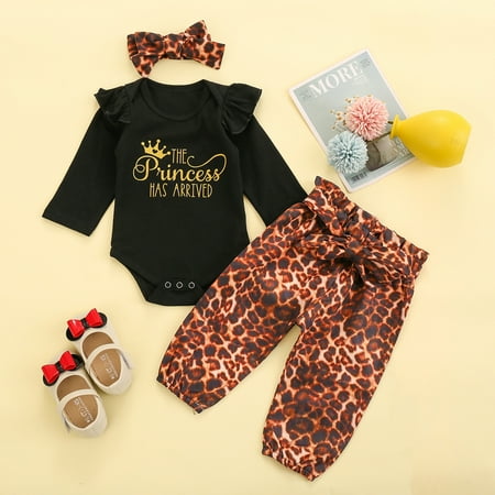 

Augper Baby Girl Clothes Long Sleeve Fall Winter Clearance Newborn Baby Girls Fashion Letter Romper+ Leopard Pants +Headbands Outfits Set