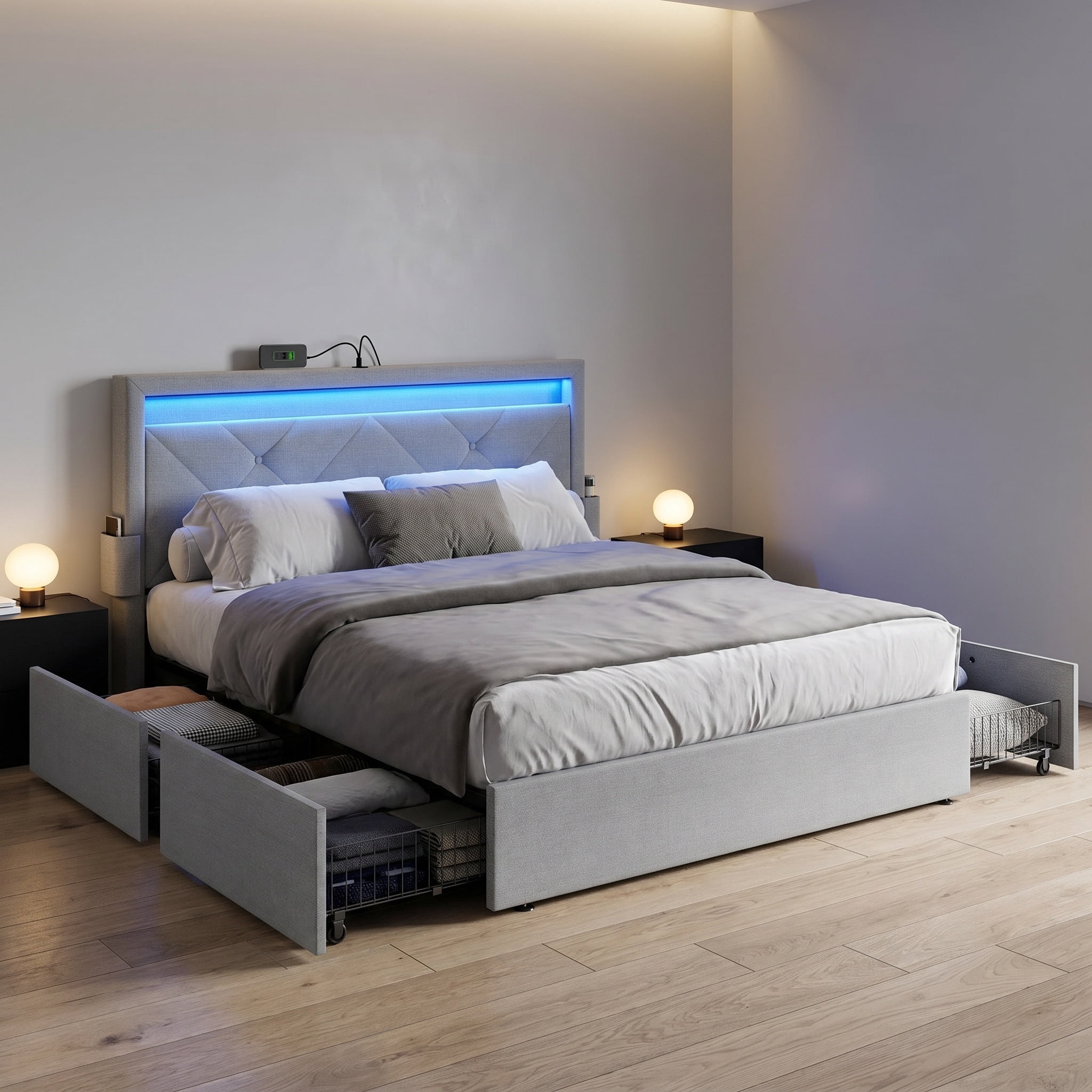 Full Size Light Gray Upholstered Platform Bed Frame with LED Headboard, 4 Drawers, and Built-In Charging Station