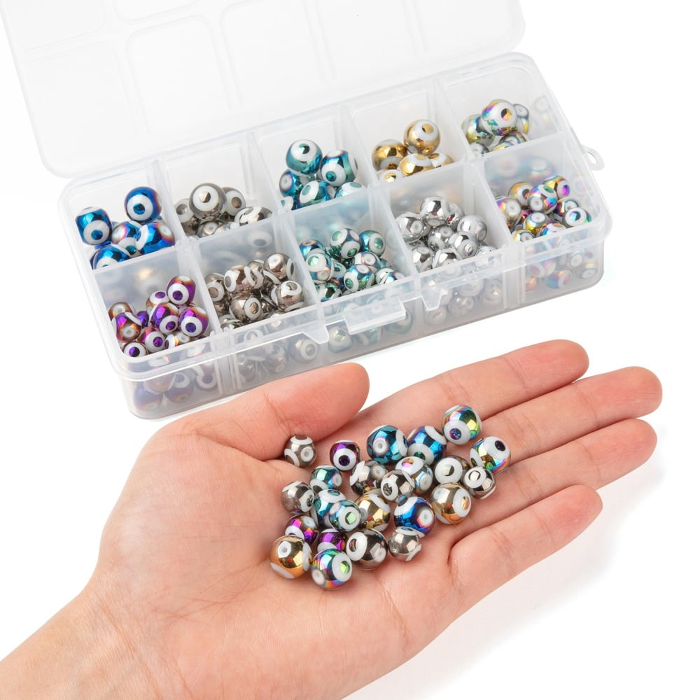10 Colors Electroplate Glass Beads Round with Evil Eye Pattern Mixed Color 185pcs/box 1Box