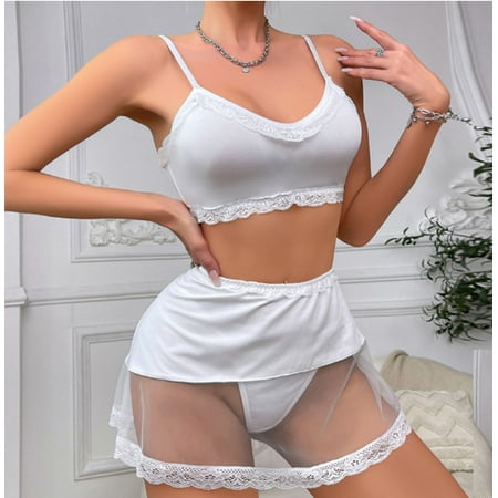 XWSHYW Sleepwear for Women Clearance Sexy Solid Color Lace Bra and Panty Set Slim Fit Crew Neck Mesh Underwear Flash Sales for Today