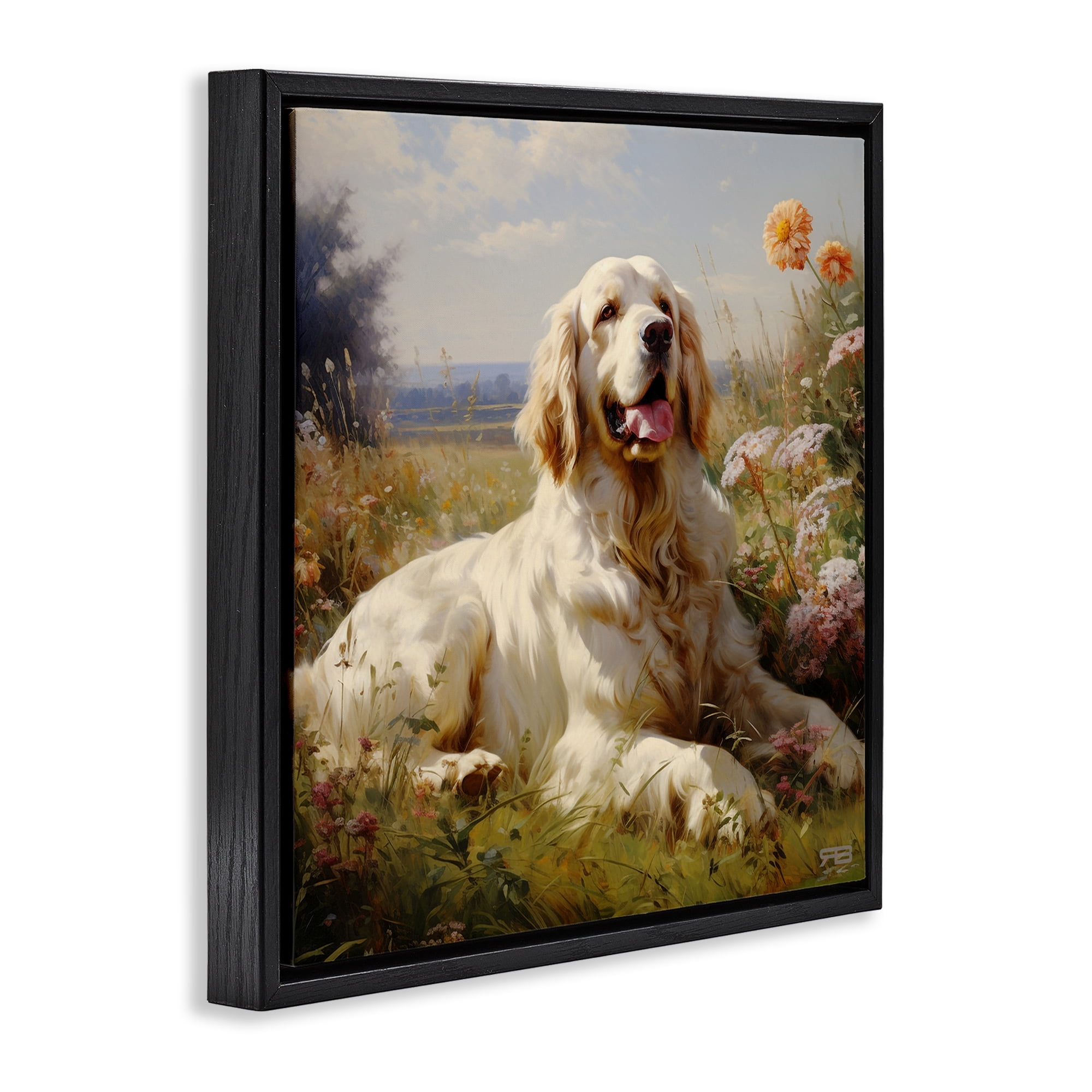 Stupell Industries Calm Golden Retriever Landscape Animals & Insects Painting Black Floater Framed Canvas Art Print Wall Art, 18 x 18
