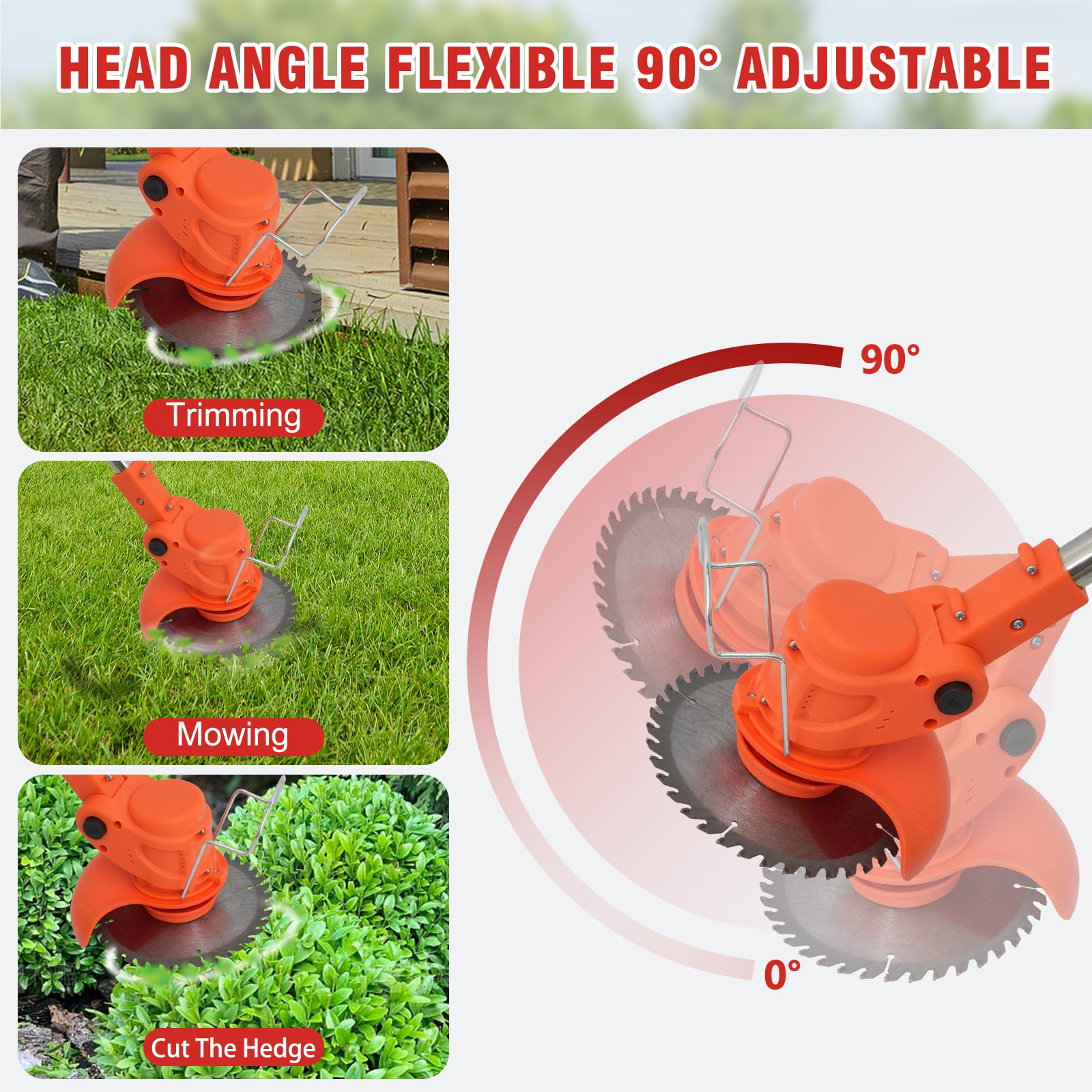 Ergonomic Multi-Angle Weed Trimmer, Orange 21V Dual Lithium Battery Grass Cutter, Safe Low Vibration Lawn Trimmer for Home Gardening Work