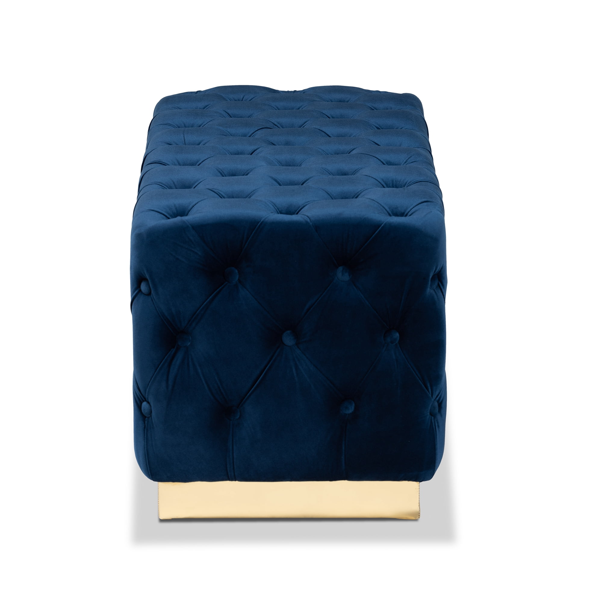 Baxton Studio Corrine Glam and Luxe Navy Blue Velvet Fabric Upholstered and Gold PU Leather Ottoman