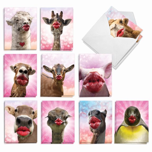 The Best Card Company 20 Assorted Valentine's Day Notes Bulk Pack Set 4x5.12 w/ Envelopes, 10x2 Designs, For Men, Women, Wild Kisses AM9280VDG-B2x10