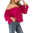 thumbnail image 4 of LELINTA Women Off the Shoulder Blouse Boho T-Shirts 3/4 Bell Sleeve Casual Chiffon Loose Tops Strapless Shirt, Black/ Red, 4 of 8