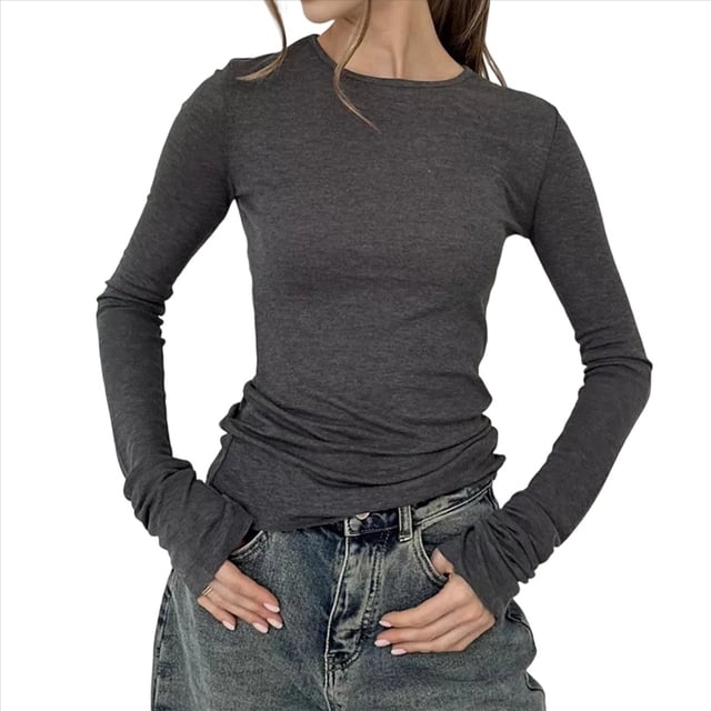 Camiseta de Larga con Cuello Redondo para Mujer, Camisetas Lisas Ajustadas, Tops Cortos para Salir de Otoño Y2K, Camisetas Ajustadas Lindas Gris M