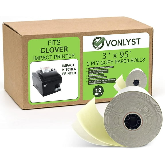 Vonlyst Two Ply Copy Carbonless Rolls 3x95 White/Canary for Clover Kitchen Printer Paper (12 rolls)
