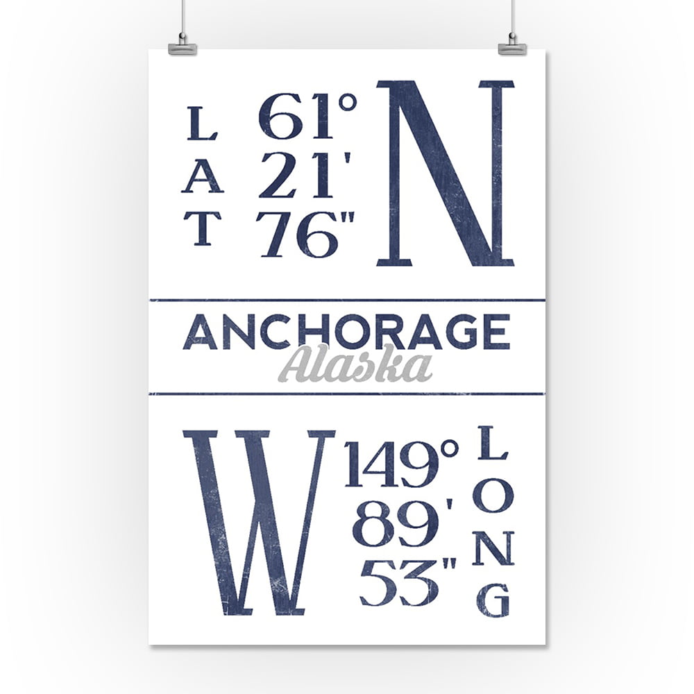 Anchorage, Alaska - Latitude & Longitude (Blue) - Lantern Press