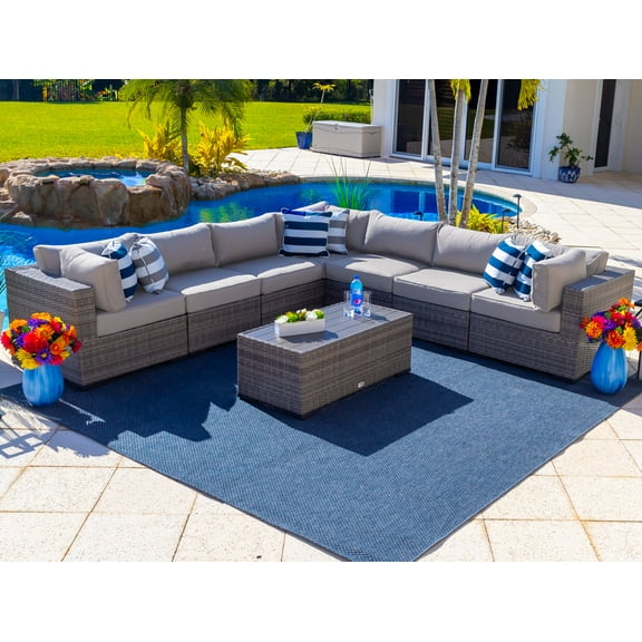 Sorrento 8-Piece Resin Wicker Outdoor Patio Sectional Sofa Set in Gray w/ Seven Sectional Seats and Coffee Table (Flat-Weave Gray Wicker, Polyester Light Gray)