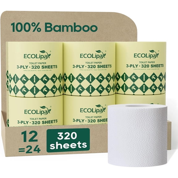 Bamboo Toilet Paper 3 Ply, Septic Safe Toilet Tissue, 12 Double Rolls, 320 Sheets Per Roll, Tree Free, Non Toxic, Soft and Absorbent, Eco Friendly Dye-Free Paper, White